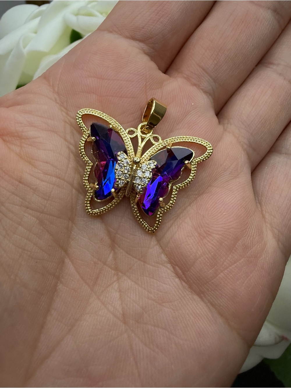 Gold filled Butterfly Pendant Necklace with Blue-Purple Crystal Accents